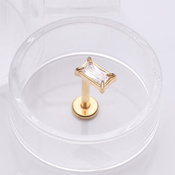 Detail View 1 of Golden Baguette Prong Set Sparkle Top Internally Threaded Labret Flat Back Stud-Clear Gem